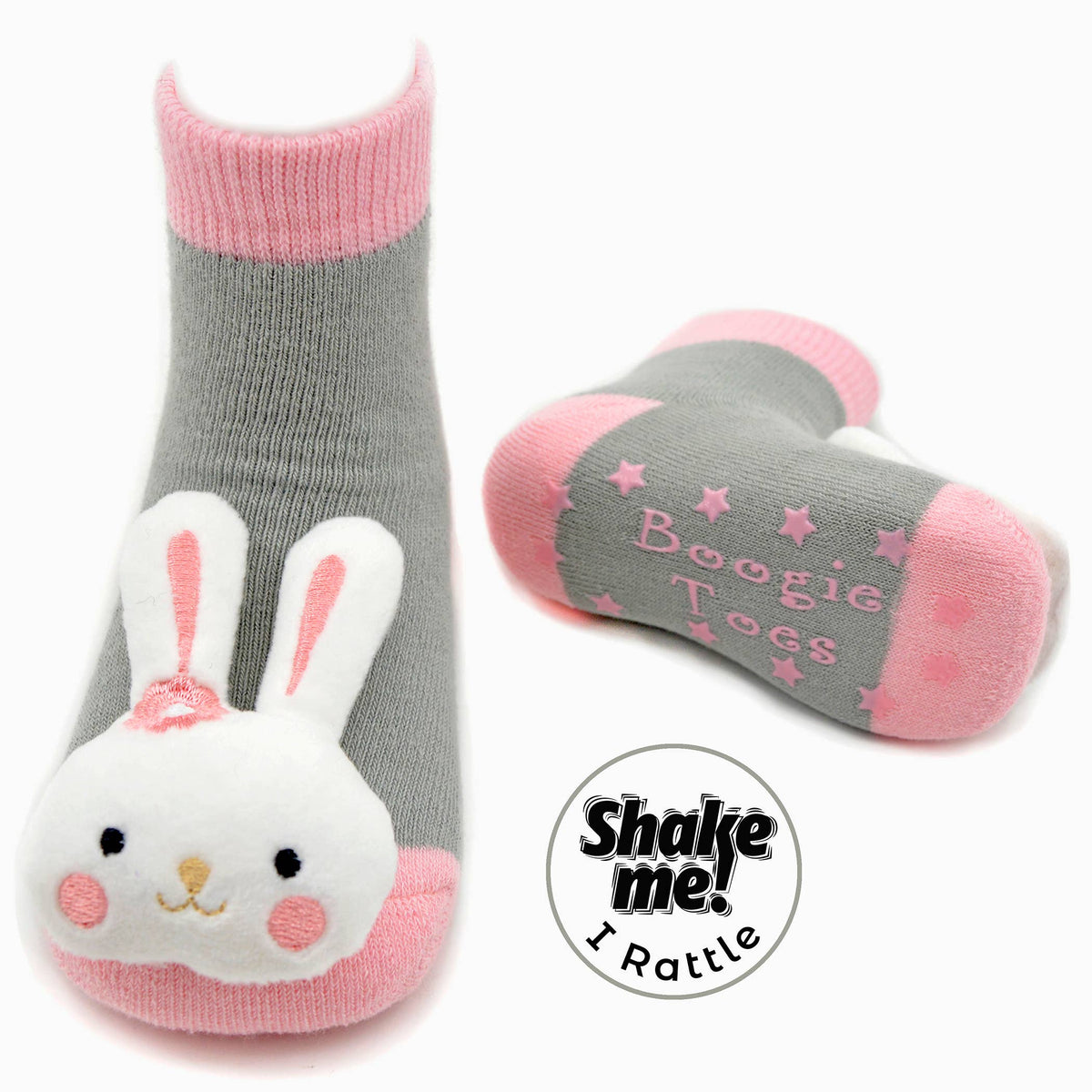 Pink Bunny Boogie Toes - Baby Rattle Socks 0 - 1 Y Boogie Toes