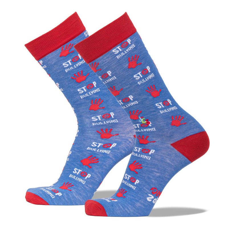 Blue flat knit crew socks with anti-bullying message
