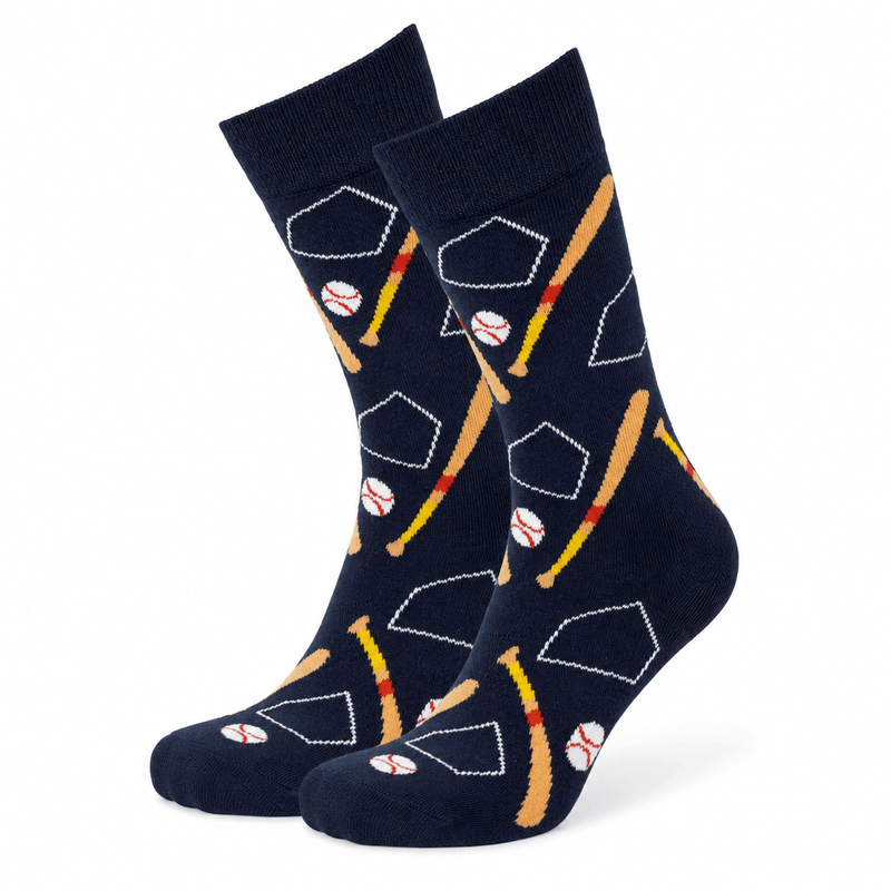 Navy socks with sports-themed designs on a white background