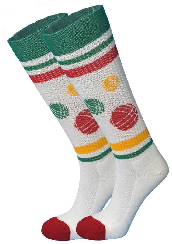 A pair of white knee-high athletic socks with green, red, and yellow stripes and ball motifs, shown on a plain white background.
