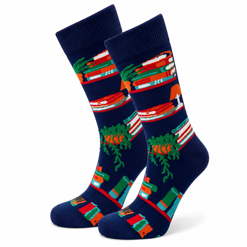 A pair of navy blue crew socks with a colorful pattern of stacked books and books on shelves, shown against a plain white background.