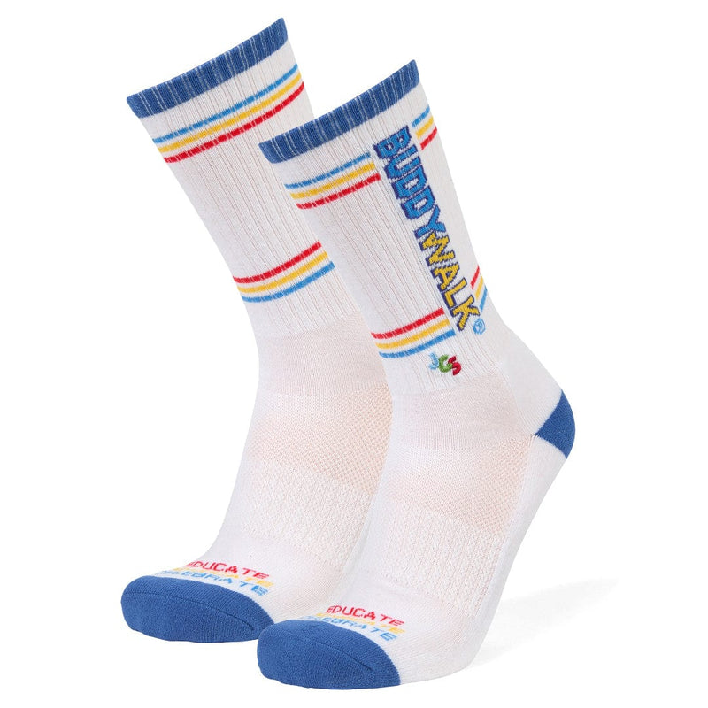 White athletic knit socks with buddy walk theme