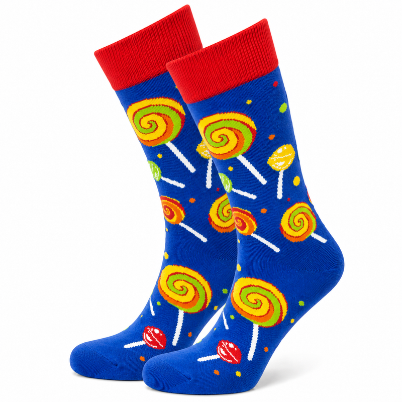 A pair of blue crew socks with a colorful lollipop pattern and red cuffs, shown on a plain white background.