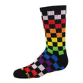 Rainbow colored check on black background sock