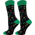 Black socks with colorful Christmas light pattern and green cuffs and toes on a white background