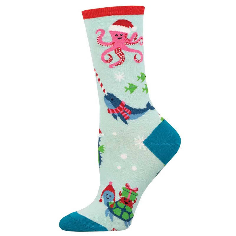 Colorful sock with Christmas-themed design on a white background