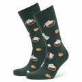 Black socks with coffee cup pattern on a white background