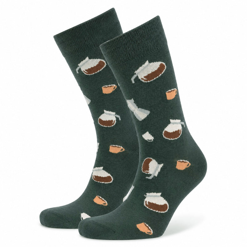 Black socks with coffee cup pattern on a white background