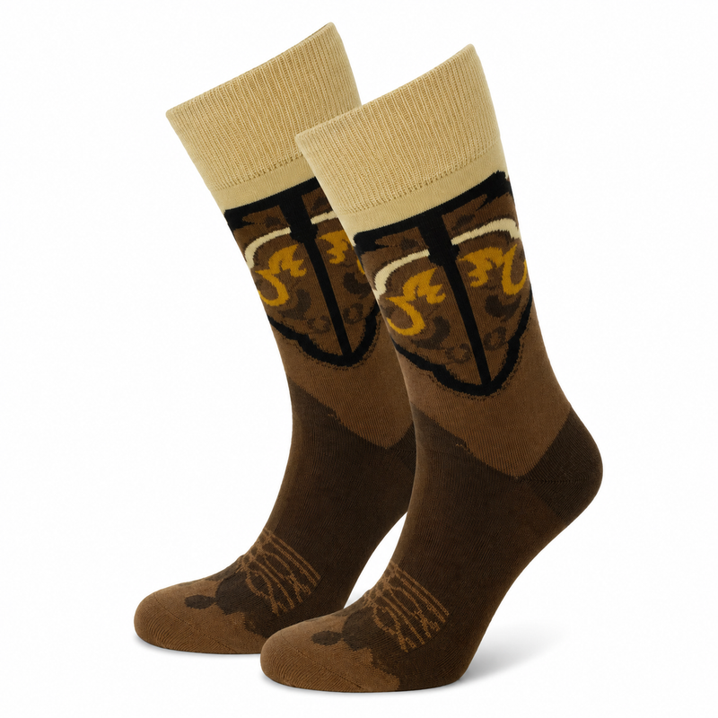 Pair of brown socks with beige cuffs on a white background