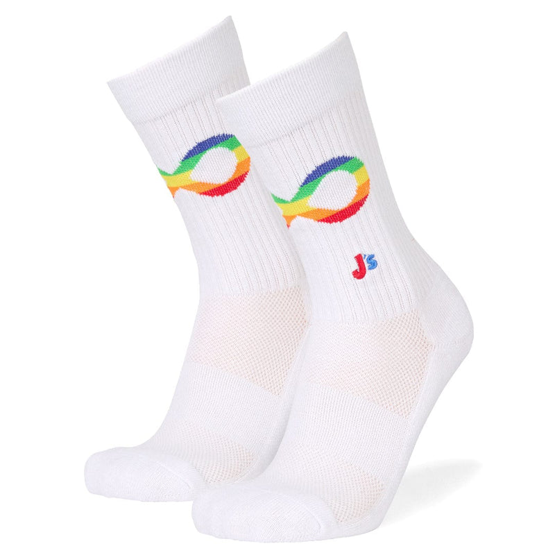 White athletic knit sock with neurodiversity symbol