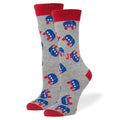 A pair of heather gray crew socks with red cuffs, heels, and toes, featuring a repeating blue and red Republican elephant logo pattern and the red text 'MAKE AMERICA GREAT' printed on the side.