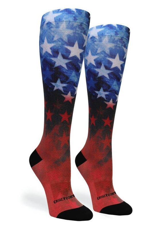 Knee-high socks with red, white, and blue star pattern on a white background