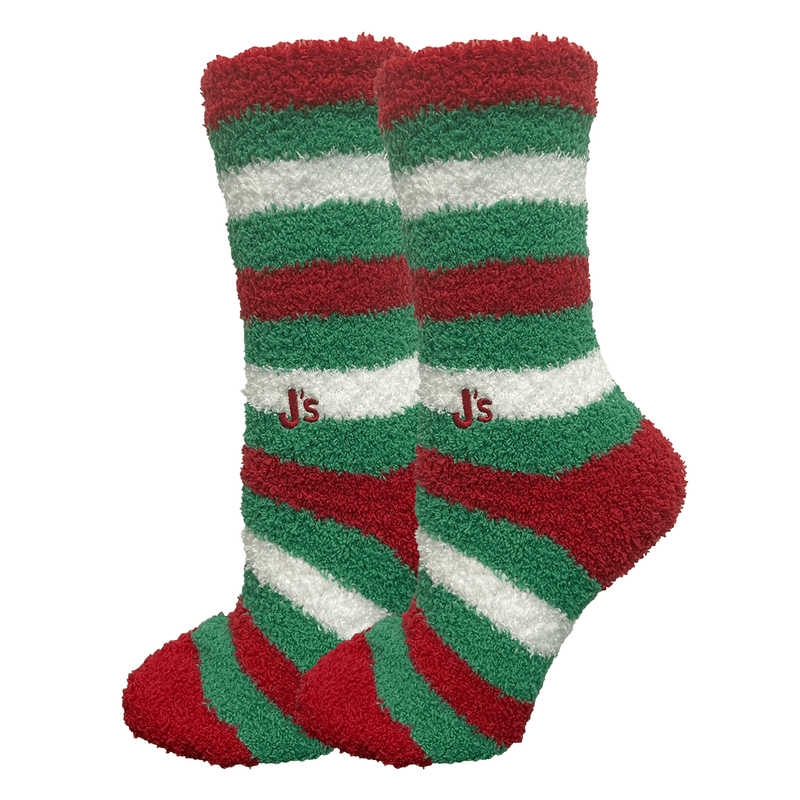 Soft fuzzy socks with a holiday theme