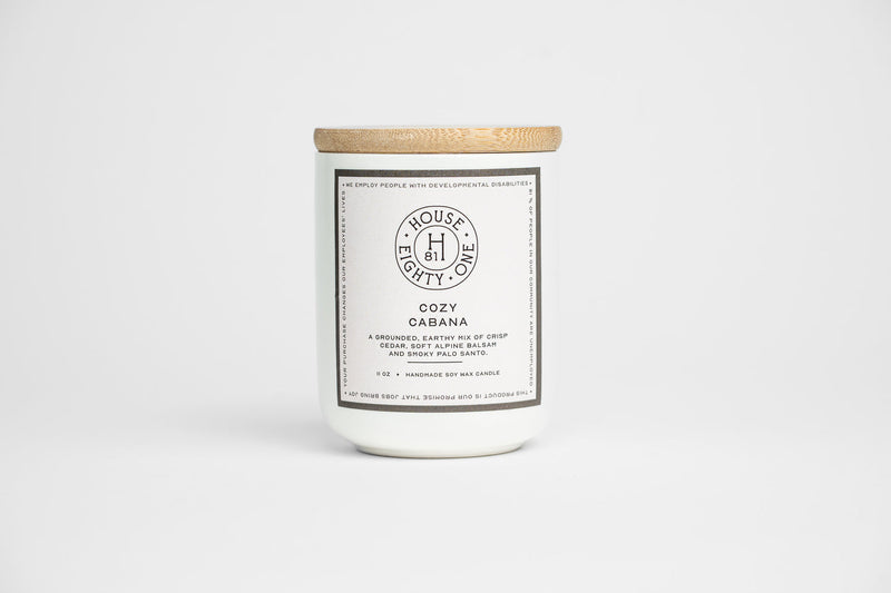 House 81 Cozy Cabana 11 oz. Deco Soy Wax Candle in ceramic container with wooden lid