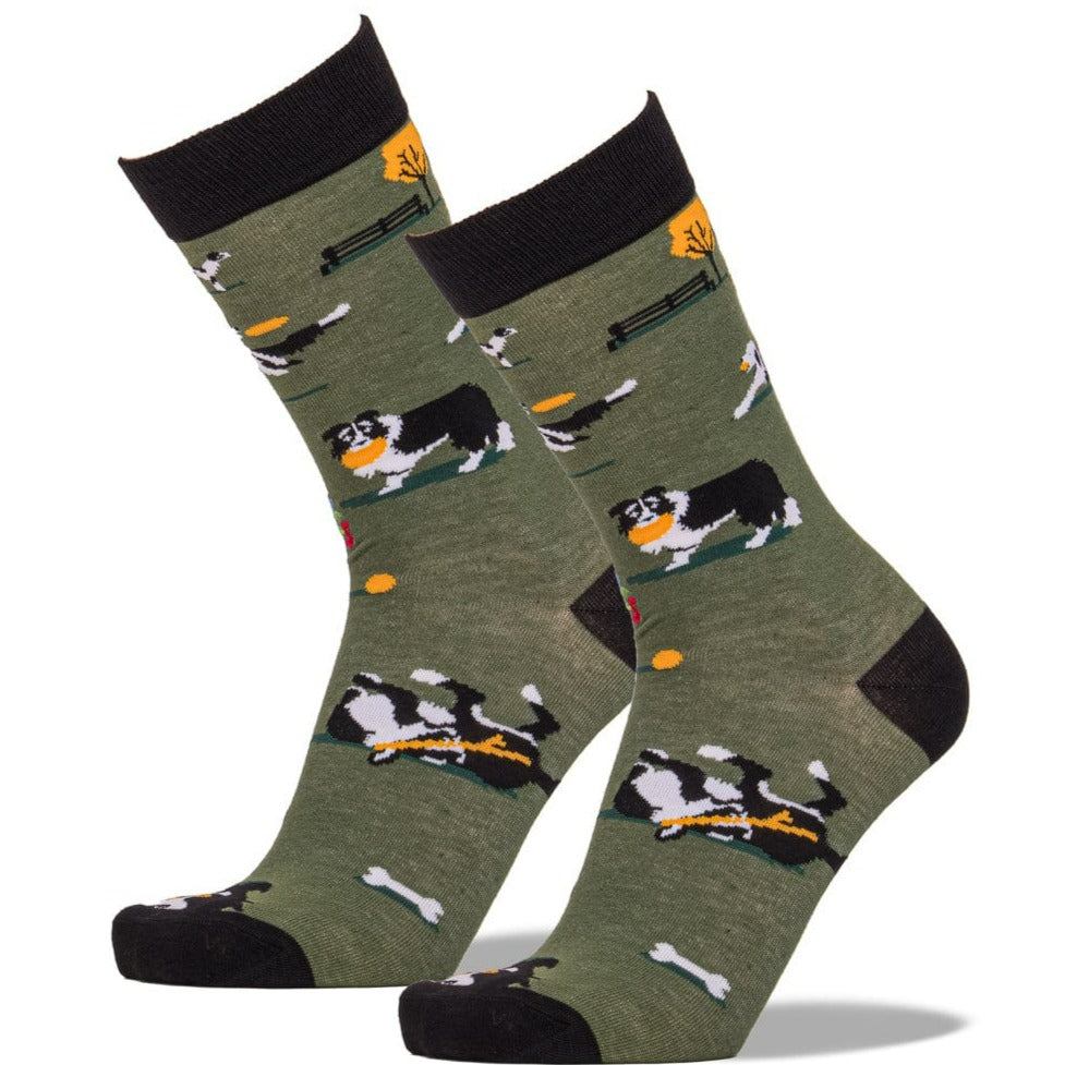 Playful Pups Crew Sock Men's / Green / Black